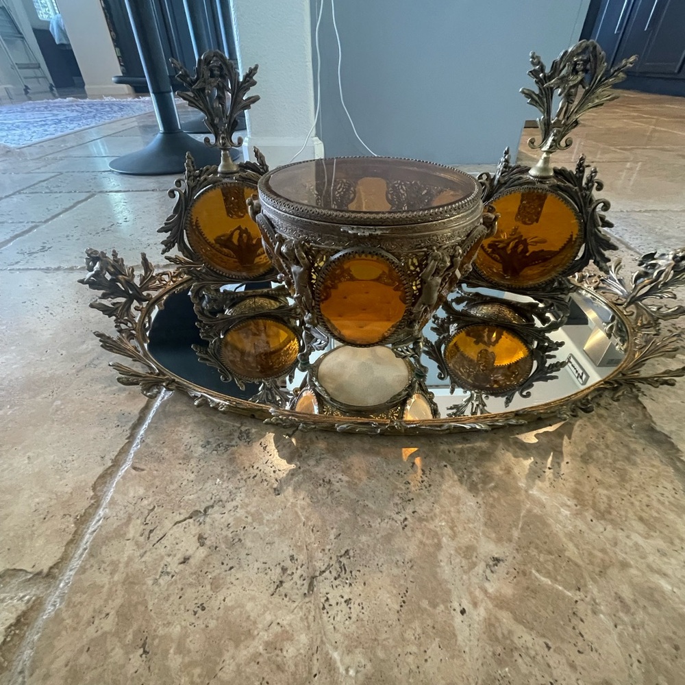 Antique Vanity French Ormolu Hollywood Regency Gold Filigree Beveled Amber Glass - Picture 5 of 7